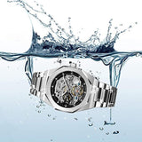 Automatische Uhr, mechanische Armbanduhr für Herren, achteckig, wasserdicht, Skelett-Uhren, luxuriöses Diamant-Tourbillon, silberfarbenes Edelstahlband