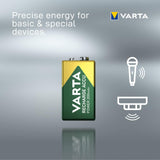 VARTA Batterien 9V Blockbatterie, wiederaufladbar, 1 Stück, Recharge Accu Power, Akku, 200 mAh, ohne Memory Effekt, vorgeladen, sofort einsatzbereit