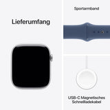 Apple Watch Series 10 (GPS 46 mm) Smartwatch mit Aluminiumgehäuse in Silber und Sportarmband in Denim (M/L). Fitnesstracker, EKG App, Always-On Retina Display, Wasserschutz
