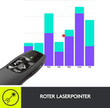 Logitech R400 Presenter, Kabellose 2.4 GHz Verbindung via USB-Empfänger, 15m Reichweite, Roter Laserpointer, Intuitive Bedienelemente, 6 Tasten, Batterieanzeige, PC - Schwarz