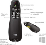 Logitech R400 Presenter, Kabellose 2.4 GHz Verbindung via USB-Empfänger, 15m Reichweite, Roter Laserpointer, Intuitive Bedienelemente, 6 Tasten, Batterieanzeige, PC - Schwarz