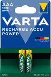 VARTA Batterien AAA, wiederaufladbar, 2 Stück, Recharge Accu Power, Akku, 1000 mAh Ni-MH, ohne Memory Effekt, vorgeladen, sofort einsatzbereit