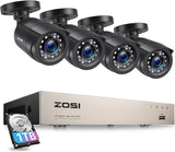 ZOSI 1080p Außen Video Überwachungskamera Set 8CH 5MP Lite DVR Recorder mit 1TB Festplatte und 4 Outdoor 2MP Kamera System, Bewegungserkennung, App E-Mail Alarm