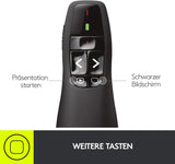 Logitech R400 Presenter, Kabellose 2.4 GHz Verbindung via USB-Empfänger, 15m Reichweite, Roter Laserpointer, Intuitive Bedienelemente, 6 Tasten, Batterieanzeige, PC - Schwarz