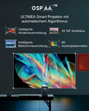 Beamer Android TV 11.0 mit NETFLIX 10.000+ Apps, True 4K Heimkino Beamer Unterstützung 1000 ANSI-Lumen, Dolby Audio, Tiefe Bässe, Outdoor Projektor Native 1080P, Tragegriffdesign, Poseidon E40