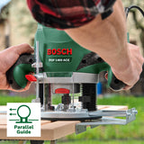 Bosch Home and Garden Oberfräse POF 1400 ACE (3 x Spannzange, Fräser, Parallelanschlag, Absaugadapter, Koffer (1400 W)) Grün