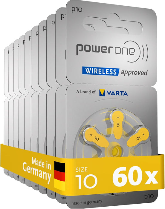 Power one – Hörgerätebatterien, Größe 10, Wireless Approved, hohe Lebensdauer, PR70, Zink-Luft-Technologie, quecksilberfrei, 1.45 Volt, 60 Batterien (6 Stück, 10er-Pack)