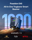 Beamer Android TV 11.0 mit NETFLIX 10.000+ Apps, True 4K Heimkino Beamer Unterstützung 1000 ANSI-Lumen, Dolby Audio, Tiefe Bässe, Outdoor Projektor Native 1080P, Tragegriffdesign, Poseidon E40