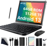 Tablet 10 Zoll Android, 4G LTE Tablet PC Mit 2 SIM Slot 4GB RAM 64GB ROM 128GB TF Mit Tastatur Maus Stift OctaCore 1080P FHD Face ID 6000mAh 13 MP Kamera Bluetooth WiFi GPS OTG-Schwarz