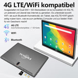 Tablet 10 Zoll Android, 4G LTE Tablet PC Mit 2 SIM Slot 4GB RAM 64GB ROM 128GB TF Mit Tastatur Maus Stift OctaCore 1080P FHD Face ID 6000mAh 13 MP Kamera Bluetooth WiFi GPS OTG-Schwarz