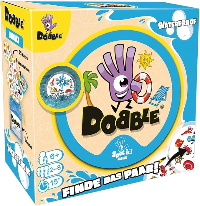 Dobble Waterproof | Eco-Sleeves | Familienspiel | Kartenspiel | 2-8 Spieler | Ab 6+ Jahren | 15 Minuten | Deutsch