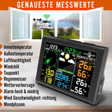 Wetterstation Funk mit Außensensor, 8-in-1 Funk Wetterstation mit Wettervorhersage,Temperatur, Luftdruck, Luftfeuchtigkeit, Windmesser, Regenmesser, Mondphrase, Wecker (schwarz)