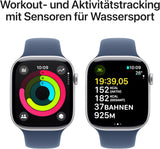 Apple Watch Series 10 (GPS 46 mm) Smartwatch mit Aluminiumgehäuse in Silber und Sportarmband in Denim (M/L). Fitnesstracker, EKG App, Always-On Retina Display, Wasserschutz