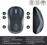 Logitech M185 Kabellose Maus, 2,4 GHz mit USB-Nano-Empfänger, 12 Monate Batterielaufzeit, 1000 DPI Optical Tracking, Für Links- und Rechtshänder, Kompatibel mit PC, Mac, Laptop - Grau