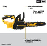 Dewalt 18V XR Akku-Kettensäge (30cm Schwertlänge, automatische Kettenschmierung, werkzeuglose Kettenspannung, ideal für kleinere Bau