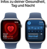 Apple Watch Series 10 (GPS 46 mm) Smartwatch mit Aluminiumgehäuse in Silber und Sportarmband in Denim (M/L). Fitnesstracker, EKG App, Always-On Retina Display, Wasserschutz