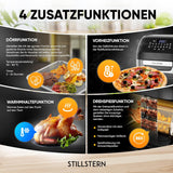 Stillstern Heißluftfritteuse 12L mit LED-Touchscreen, XXL Rezeptbuch auf Deutsch, 12 Programme, Vorheizen&Warmhalten, 1800W Heissluftfritteuse Air Fryer XXL ohne Öl Dörren Minibackofen Camping Grill