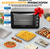 Stillstern Minibackofen mit Umluft (45L) Deutsche Version, 2x Backblech, Ofenhandschuhe, Rezeptheft, Drehspieß, Innenbeleuchtung, 2000W, Toaster Grill Pizzaofen Mini Backofen ideal für Camping