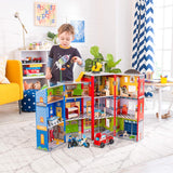 KidKraft 63239 Everyday Heroes Kinder-Spielset aus Holz mit Feuerwehrauto, Polizei, Hubschrauber und Spielfiguren