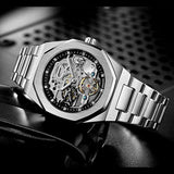 Automatische Uhr, mechanische Armbanduhr für Herren, achteckig, wasserdicht, Skelett-Uhren, luxuriöses Diamant-Tourbillon, silberfarbenes Edelstahlband