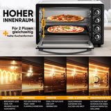 Stillstern Minibackofen mit Umluft (45L) Deutsche Version, 2x Backblech, Ofenhandschuhe, Rezeptheft, Drehspieß, Innenbeleuchtung, 2000W, Toaster Grill Pizzaofen Mini Backofen ideal für Camping