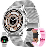 Smartwatch Damen mit Telefonfunktion, 3 Uhrenarmbänder, 1.28" AMOLED Uhren Fitness Tracker mit Schlafmonitor, SpO2, Menstruationszyklus, 100+Sportmodi Diamant Smart Watch für IOS/Android