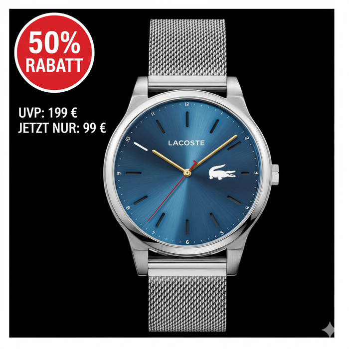 Lacoste 2010966 Analog Quarzuhr für Herren mit Silbernes Edelstahl-Mesh-Gliederarmband ÖZENSAAT