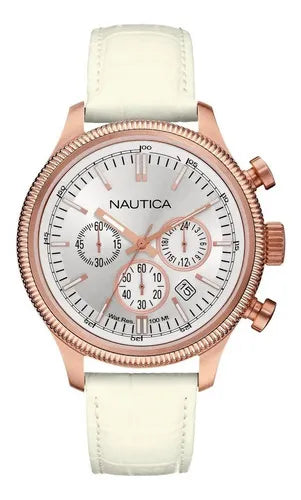 NAUTICA A21030G Chronograph 44mm Weiss Lederband Unisexuhr ÖZENSAAT