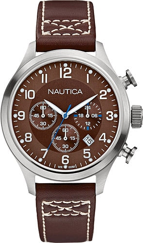 NAUTICA A14697G Chronograph 44mm braun Lederband Herrenuhr #ÖZENSAAT