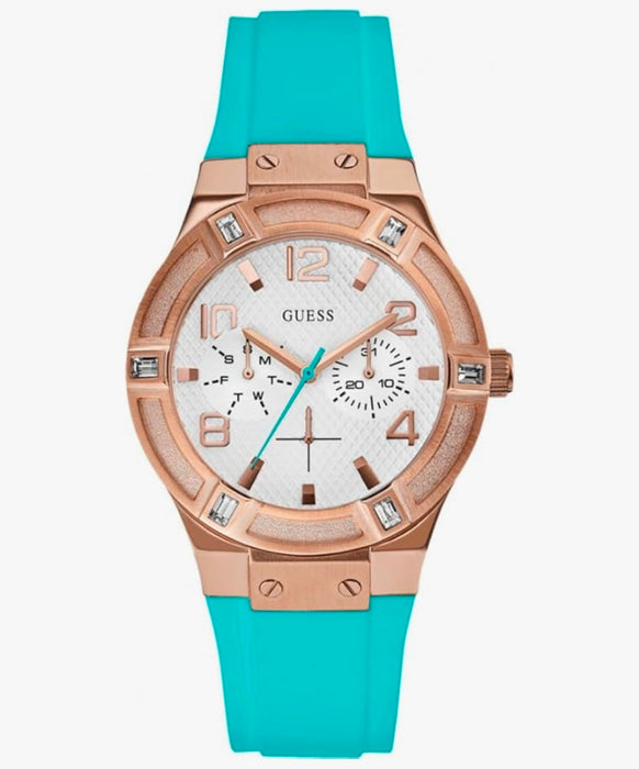 Guess Damenuhr, Datum klassisch Quarz Uhr mit turkuaz silikonarmband W0564L3 ÖZENSAAT