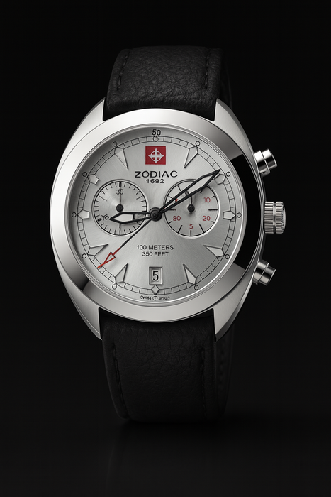 Zodiac Swiss Made Chronograph Herrenuhr Nagelneu Edelstahl 100m Wasserdicht, Lederband #ÖZENSAAT