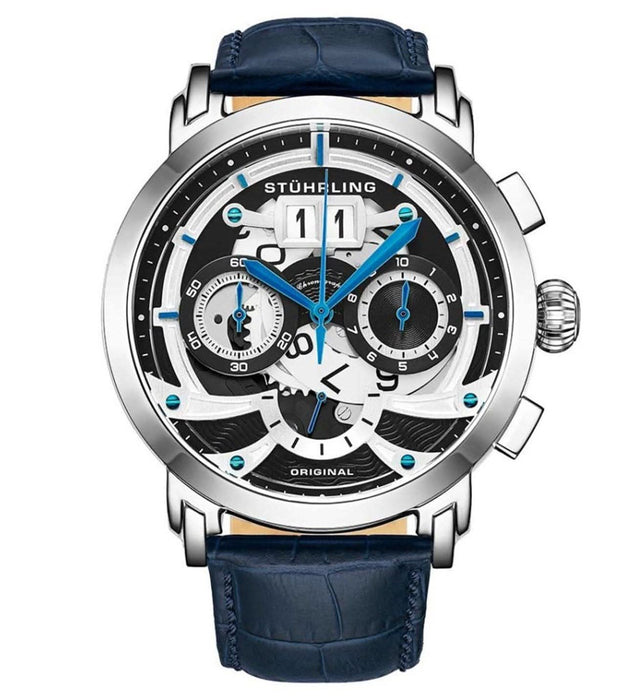 Stührling Original Herren Chronograph – Blau Lederband – Skelett Design – Edelstahl – Top Zustand