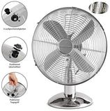 Tisch-Ventilator, elektro Ventilator im hochwertigen Metall-Gehäuse, kleiner Lüfter mit verstellbarem Neigungswinkel und ruhigem Lauf, 30 Watt, Metall-Chrom 25cm.