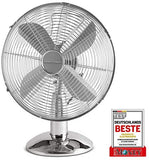 Tisch-Ventilator, elektro Ventilator im hochwertigen Metall-Gehäuse, kleiner Lüfter mit verstellbarem Neigungswinkel und ruhigem Lauf, 30 Watt, Metall-Chrom 25cm.