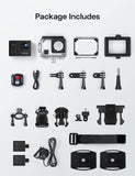 Action Cam 4K/30FPS 20MP 40M Unterwasserkamera WiFi PC Kamera Helmkamera mit Externes Mikrofon Fernbedienung 2x1050mAh Akkus und Zubehör Kit 