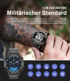 Smartwatch Herren mit Lederband, 1,39 Zoll Militär Smart Watch mit 24/7Herzfrequenz, Blutdruck, Schlafüberwachung für Android iOS, 100+ Sportmodi Fitnessuhr, IP67 Wasserdicht, Telefonfunktion