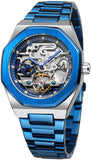 Automatik Uhr Herren Mechanische Skelett Glasboden Römische Zahlen Diamant Zifferblatt Wasserdicht Blau Männer Armbanduhr mit Edelstahl Uhren