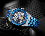 Automatik Uhr Herren Mechanische Skelett Glasboden Römische Zahlen Diamant Zifferblatt Wasserdicht Blau Männer Armbanduhr mit Edelstahl Uhren