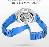 Automatik Uhr Herren Mechanische Skelett Glasboden Römische Zahlen Diamant Zifferblatt Wasserdicht Blau Männer Armbanduhr mit Edelstahl Uhren