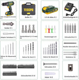 Akkuschrauber, 45Nm Bohrschrauber, 2x 2000mAh Akkus & 105 pcs Zubehöre Set, Schnellladegerät, 21+3 Drehmomentstufen, 2 Gänge, Tragbare Werkzeugkoffer