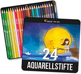 24 Aquarell Buntstifte, Nummeriert, mit Pinsel in Metallbox Aquarellmalerei-Set - 24 wasserlösliche Bunststifte, Einzigartig und Verschieden