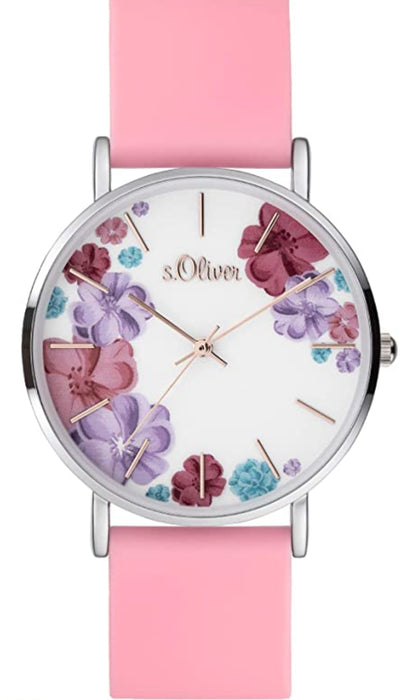 s.Oliver Damen Analog Quarz Armbanduhr mit pink Silikonarmband