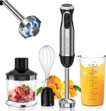 Pürierstab, 4-en-1 Stabmixer Elektrischer, 1000W Stufenlos Geschwindigkeiten Pürierstab Edelstahl, Schneebesen, 500ml Zerkleinerer und 700ml Messbecher für Babynahrung,
